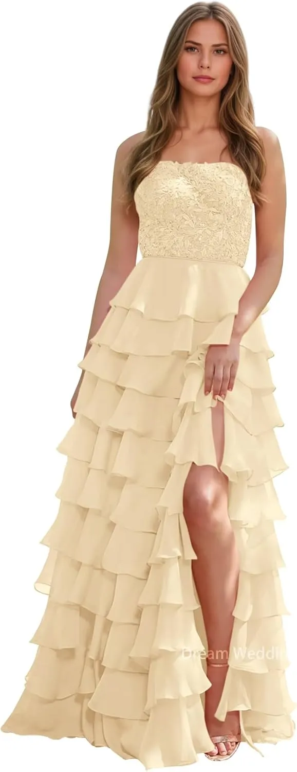 Lace Appliques Chiffon Prom Dress for Women A Line Tiered Ruffled Formal Evening Gowns with Slit Backless DR0789