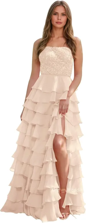 Lace Appliques Chiffon Prom Dress for Women A Line Tiered Ruffled Formal Evening Gowns with Slit Backless DR0789