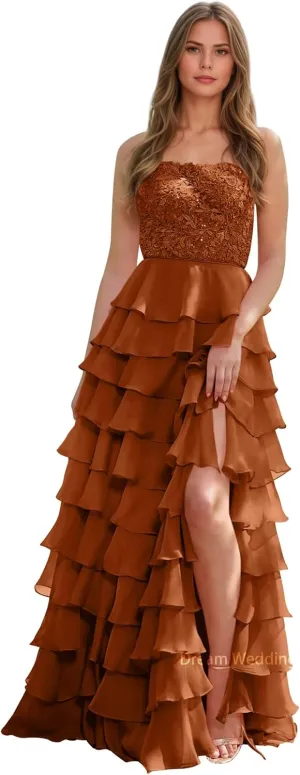 Lace Appliques Chiffon Prom Dress for Women A Line Tiered Ruffled Formal Evening Gowns with Slit Backless DR0789
