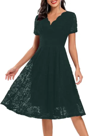 Lace Dress for Women V Neck Short Sleeve Summer Midi Dresses Loose Fit A Line Dressy Casual Becah Vacation Dresses