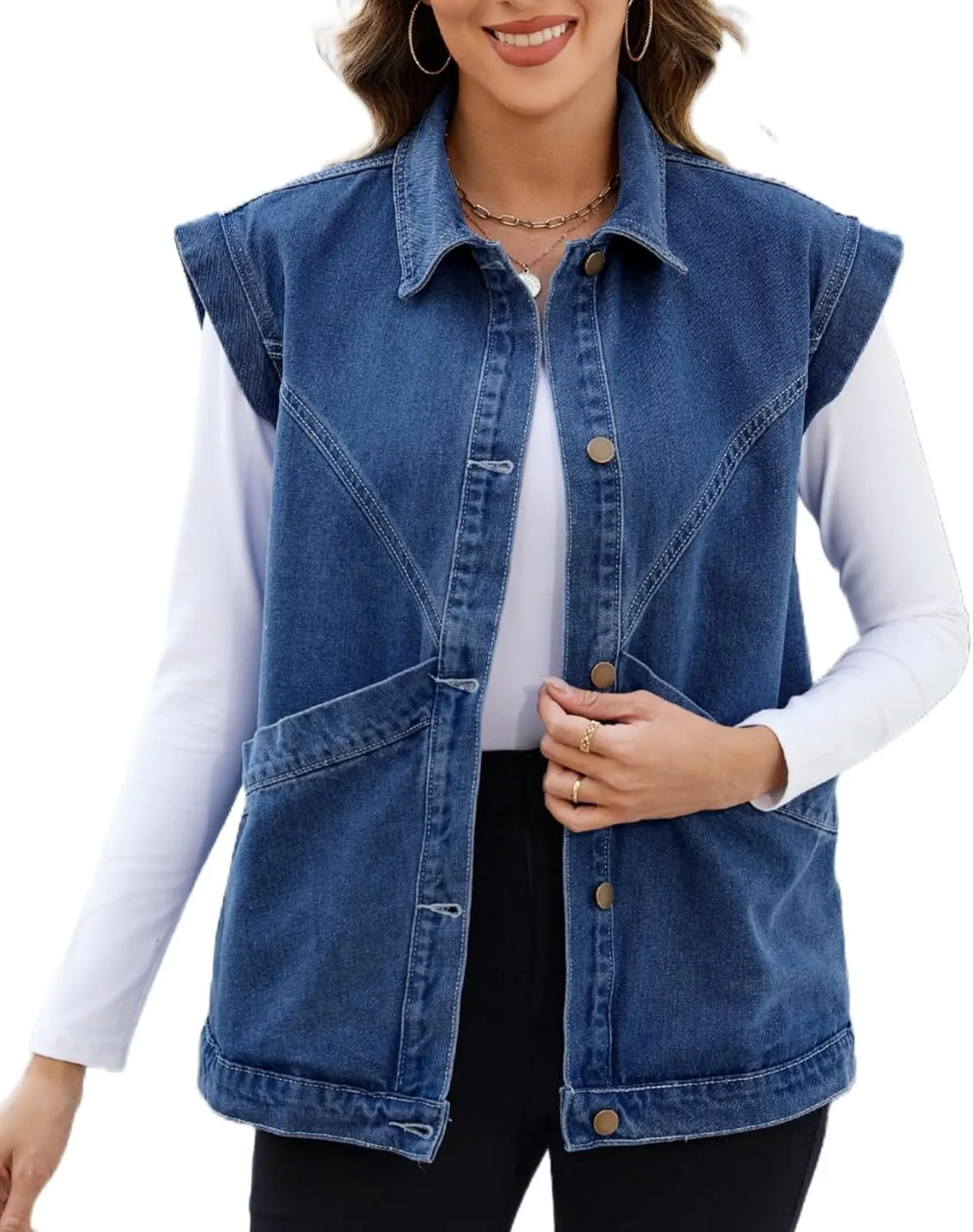 Ladyful Womens Oversized Denim Vest Long Jean Vest Top Utility Button Down Sleeveless Jean Jacket with Pockets