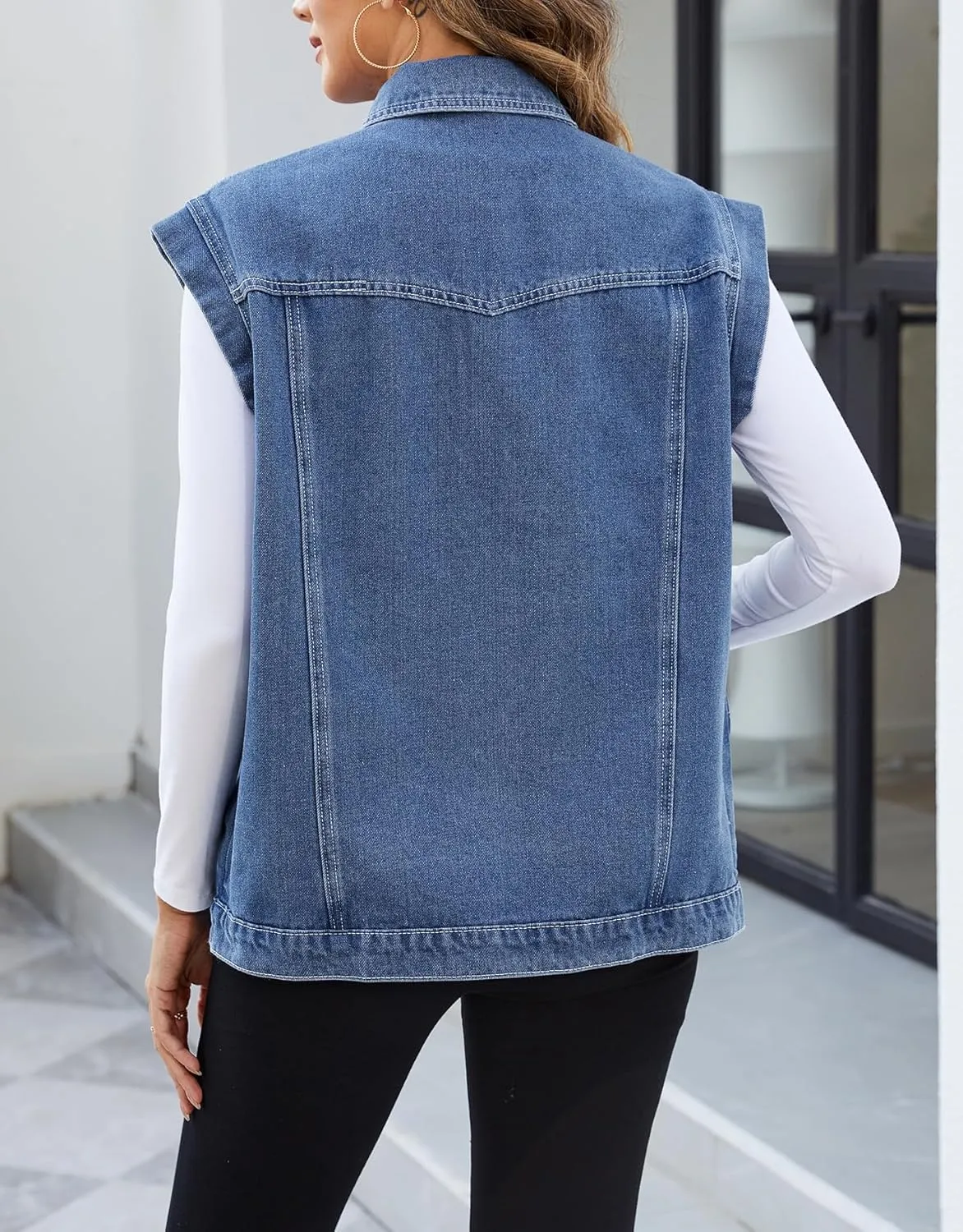 Ladyful Womens Oversized Denim Vest Long Jean Vest Top Utility Button Down Sleeveless Jean Jacket with Pockets