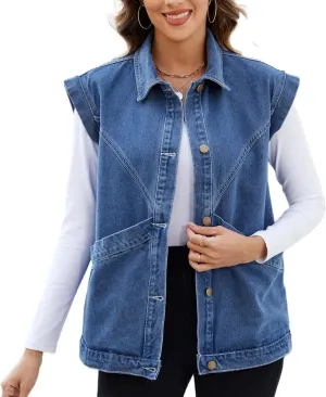 Ladyful Womens Oversized Denim Vest Long Jean Vest Top Utility Button Down Sleeveless Jean Jacket with Pockets