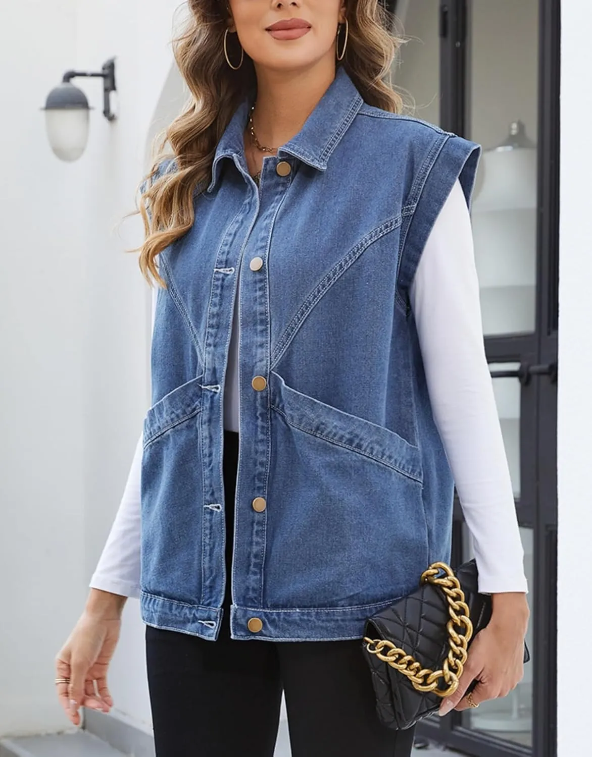 Ladyful Womens Oversized Denim Vest Long Jean Vest Top Utility Button Down Sleeveless Jean Jacket with Pockets