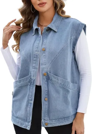 Ladyful Womens Oversized Denim Vest Long Jean Vest Top Utility Button Down Sleeveless Jean Jacket with Pockets