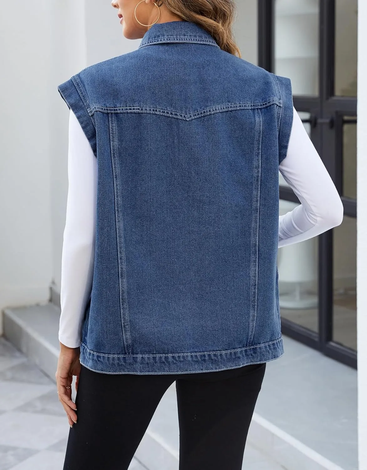 Ladyful Womens Oversized Denim Vest Long Jean Vest Top Utility Button Down Sleeveless Jean Jacket with Pockets