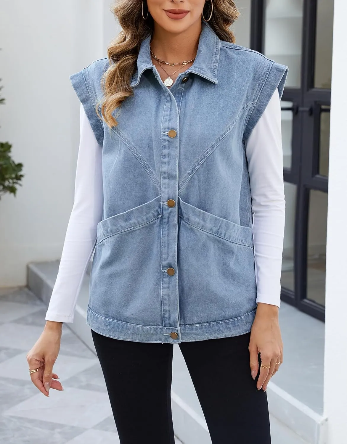 Ladyful Womens Oversized Denim Vest Long Jean Vest Top Utility Button Down Sleeveless Jean Jacket with Pockets