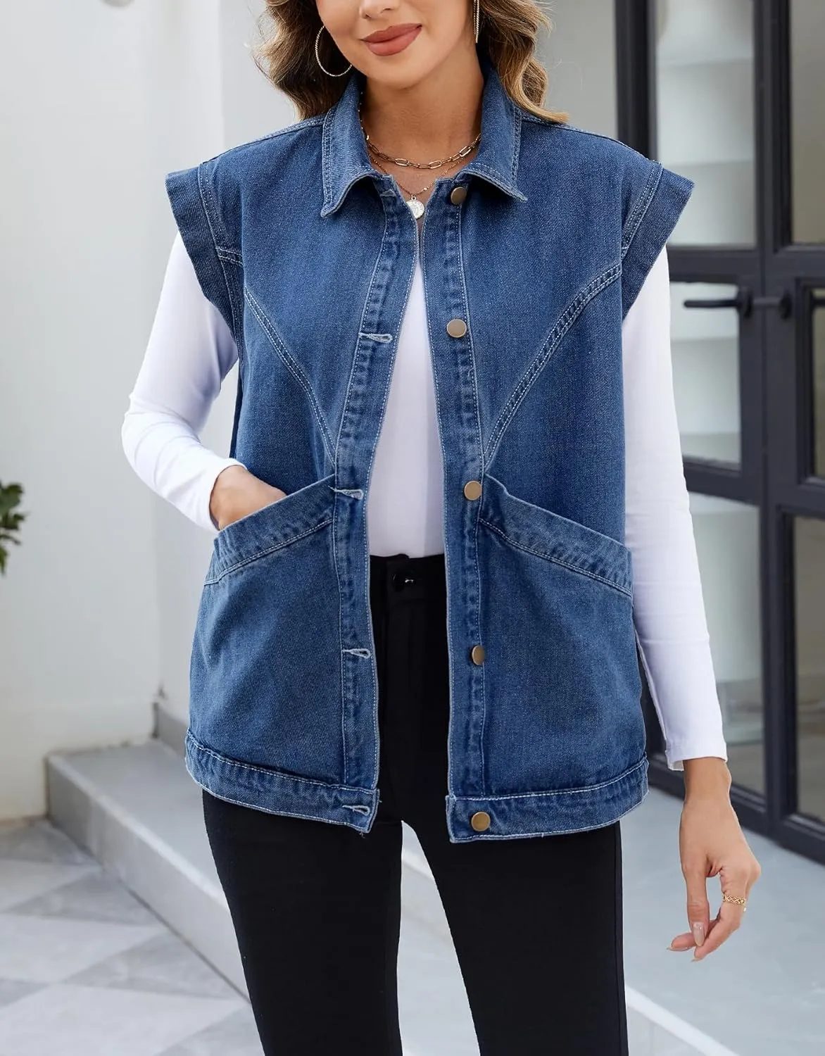 Ladyful Womens Oversized Denim Vest Long Jean Vest Top Utility Button Down Sleeveless Jean Jacket with Pockets