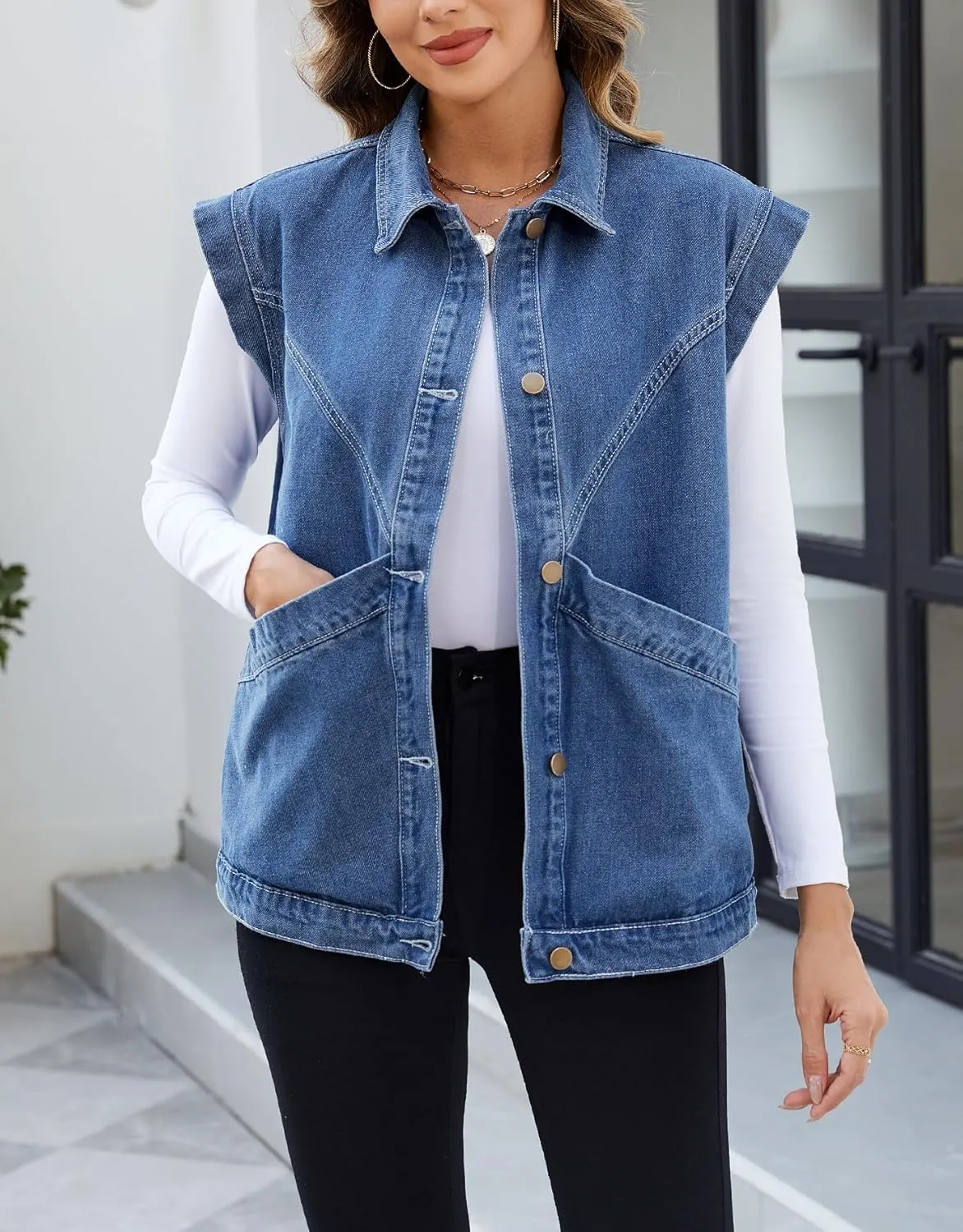 Ladyful Womens Oversized Denim Vest Long Jean Vest Top Utility Button Down Sleeveless Jean Jacket with Pockets
