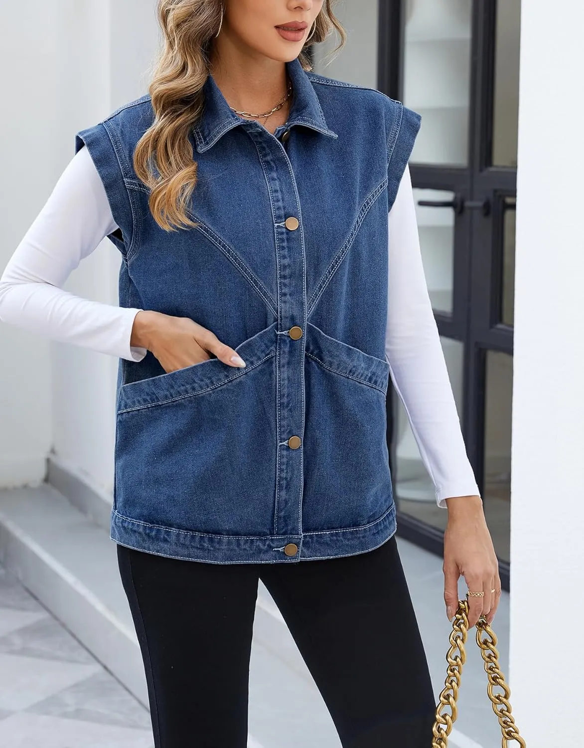 Ladyful Womens Oversized Denim Vest Long Jean Vest Top Utility Button Down Sleeveless Jean Jacket with Pockets