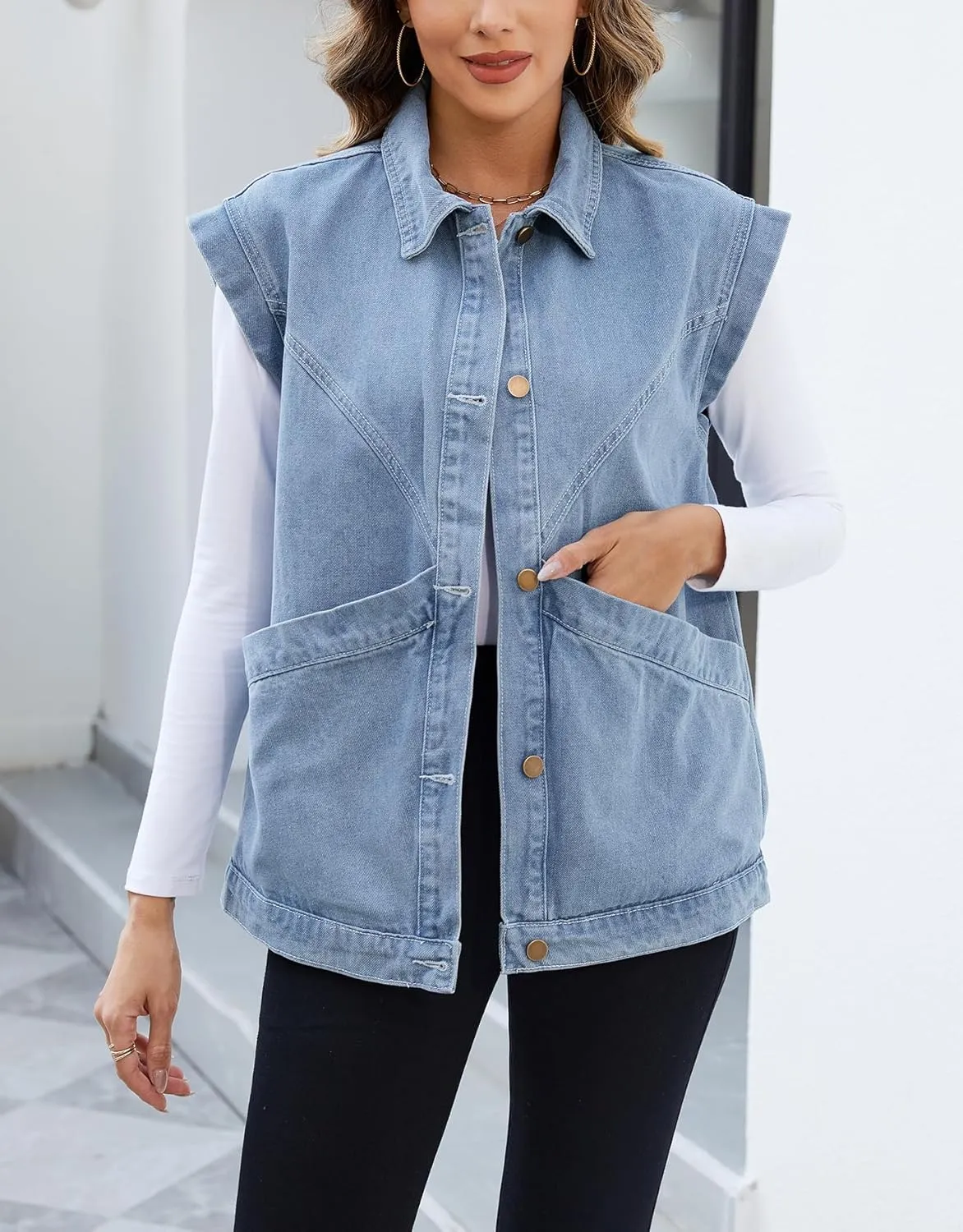 Ladyful Womens Oversized Denim Vest Long Jean Vest Top Utility Button Down Sleeveless Jean Jacket with Pockets