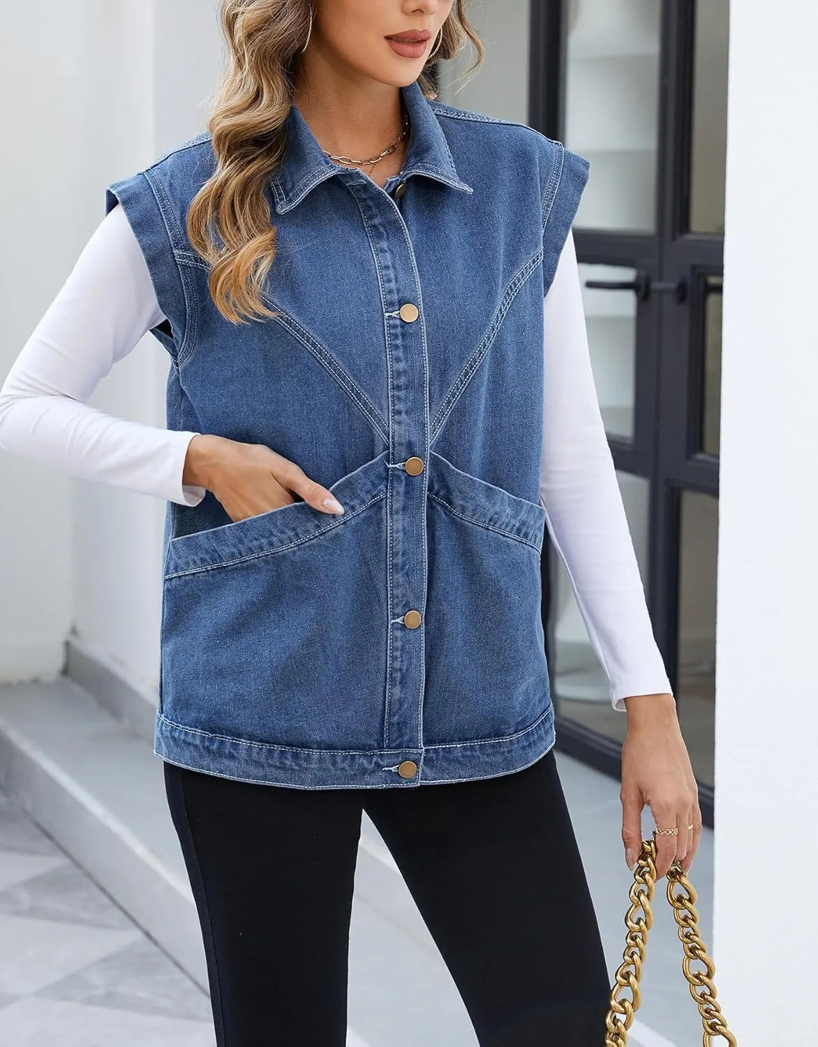 Ladyful Womens Oversized Denim Vest Long Jean Vest Top Utility Button Down Sleeveless Jean Jacket with Pockets