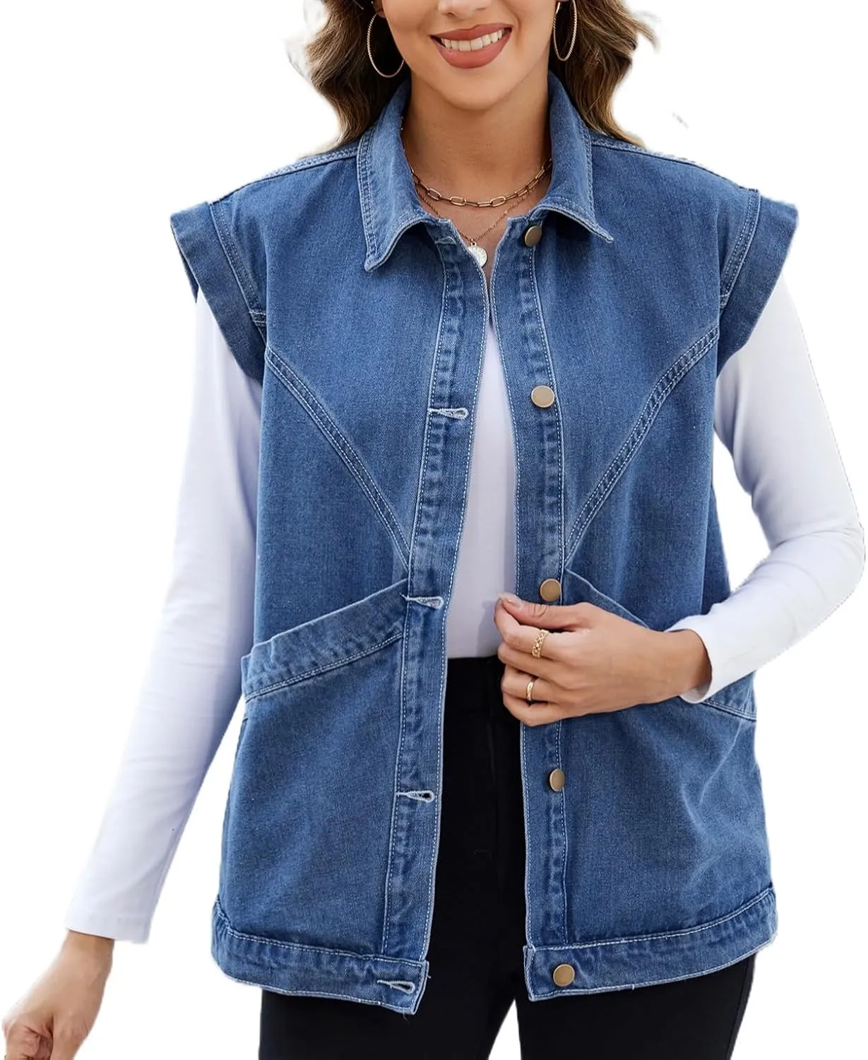 Ladyful Womens Oversized Denim Vest Long Jean Vest Top Utility Button Down Sleeveless Jean Jacket with Pockets