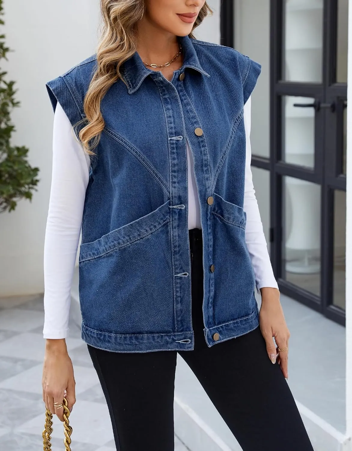 Ladyful Womens Oversized Denim Vest Long Jean Vest Top Utility Button Down Sleeveless Jean Jacket with Pockets