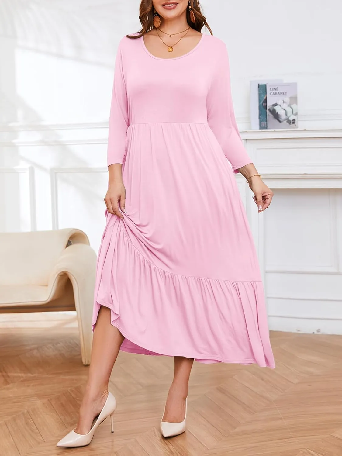 LARACE 3/4 Sleeve Dresses for Women Plus Size Casual Long Maxi Fall Winter Dress with Pockets (L-6XL)