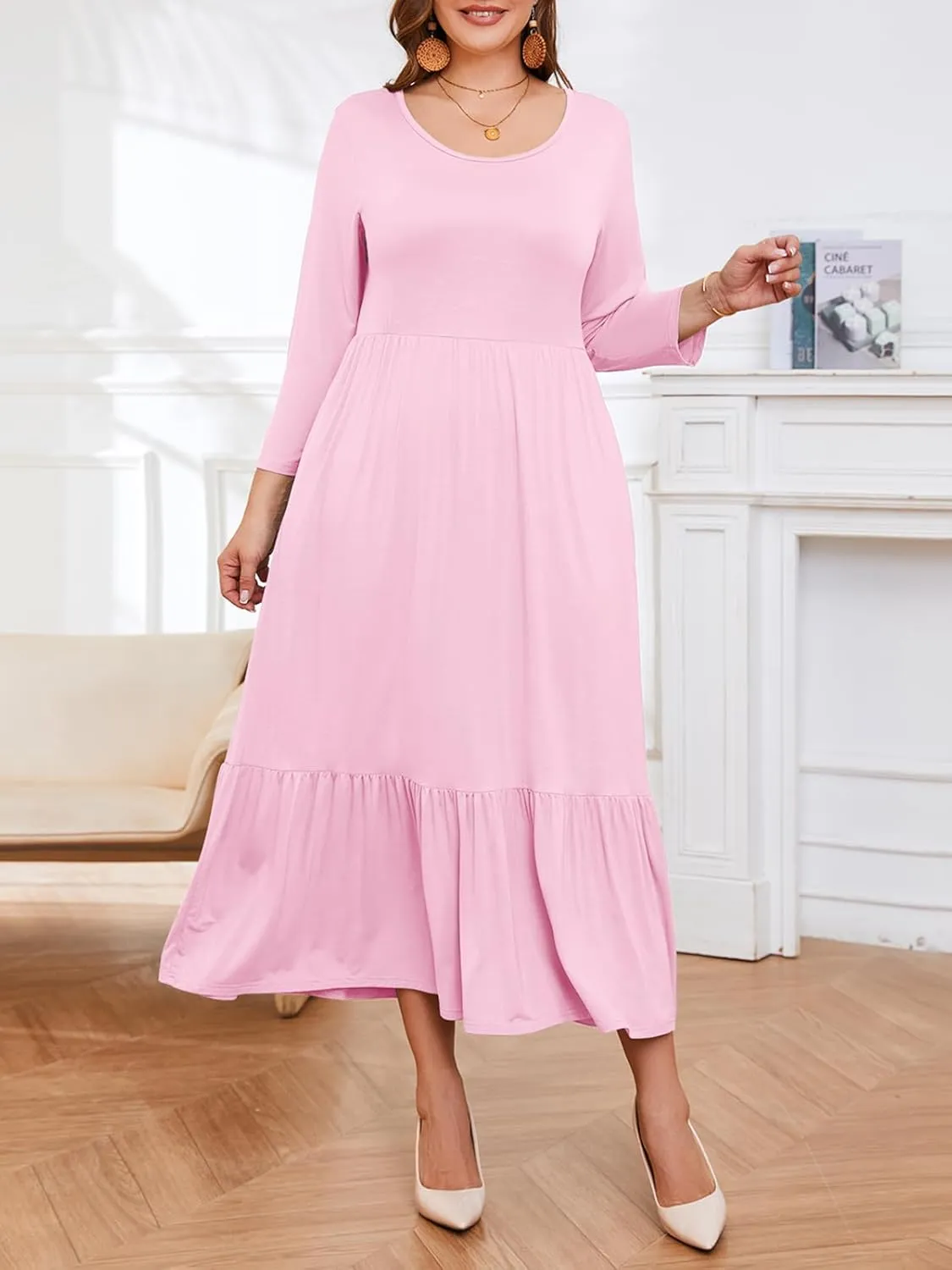 LARACE 3/4 Sleeve Dresses for Women Plus Size Casual Long Maxi Fall Winter Dress with Pockets (L-6XL)