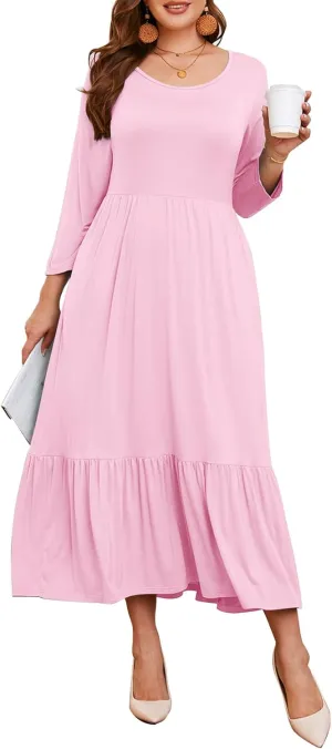LARACE 3/4 Sleeve Dresses for Women Plus Size Casual Long Maxi Fall Winter Dress with Pockets (L-6XL)
