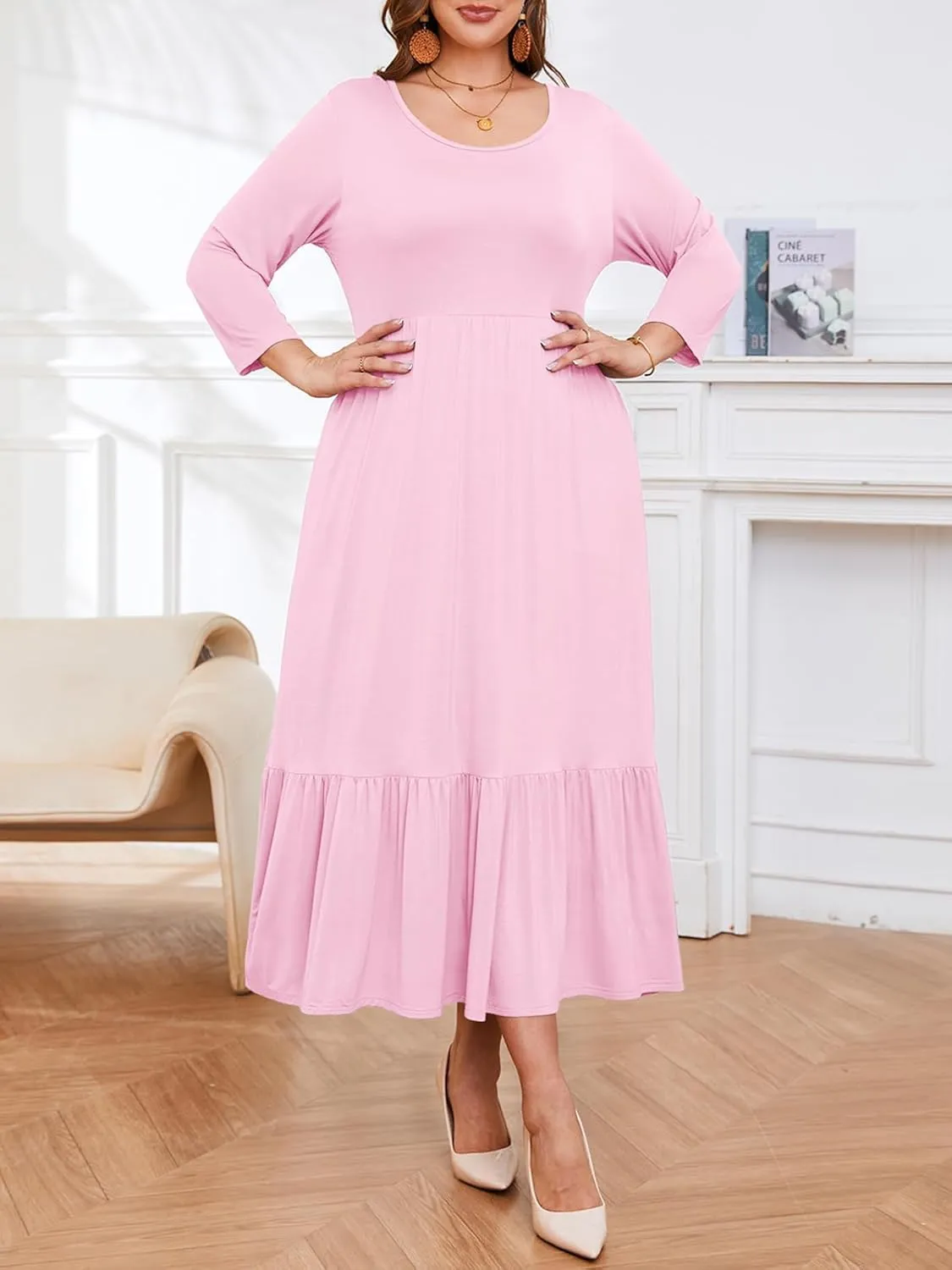 LARACE 3/4 Sleeve Dresses for Women Plus Size Casual Long Maxi Fall Winter Dress with Pockets (L-6XL)