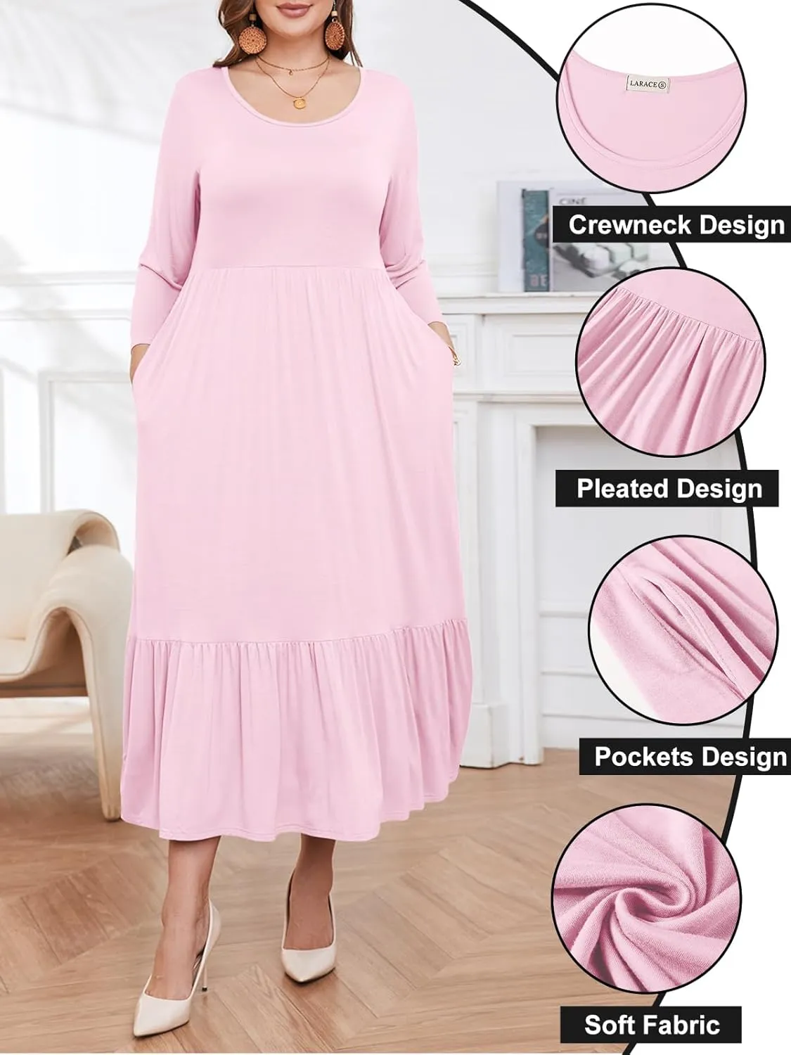 LARACE 3/4 Sleeve Dresses for Women Plus Size Casual Long Maxi Fall Winter Dress with Pockets (L-6XL)