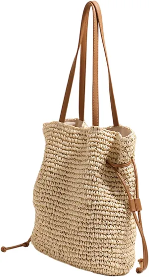 Large Capacity Cotton Woven Shoulder Bag for Women Drawstring Bucket Bags Straw Handbag with Comfortable Strap