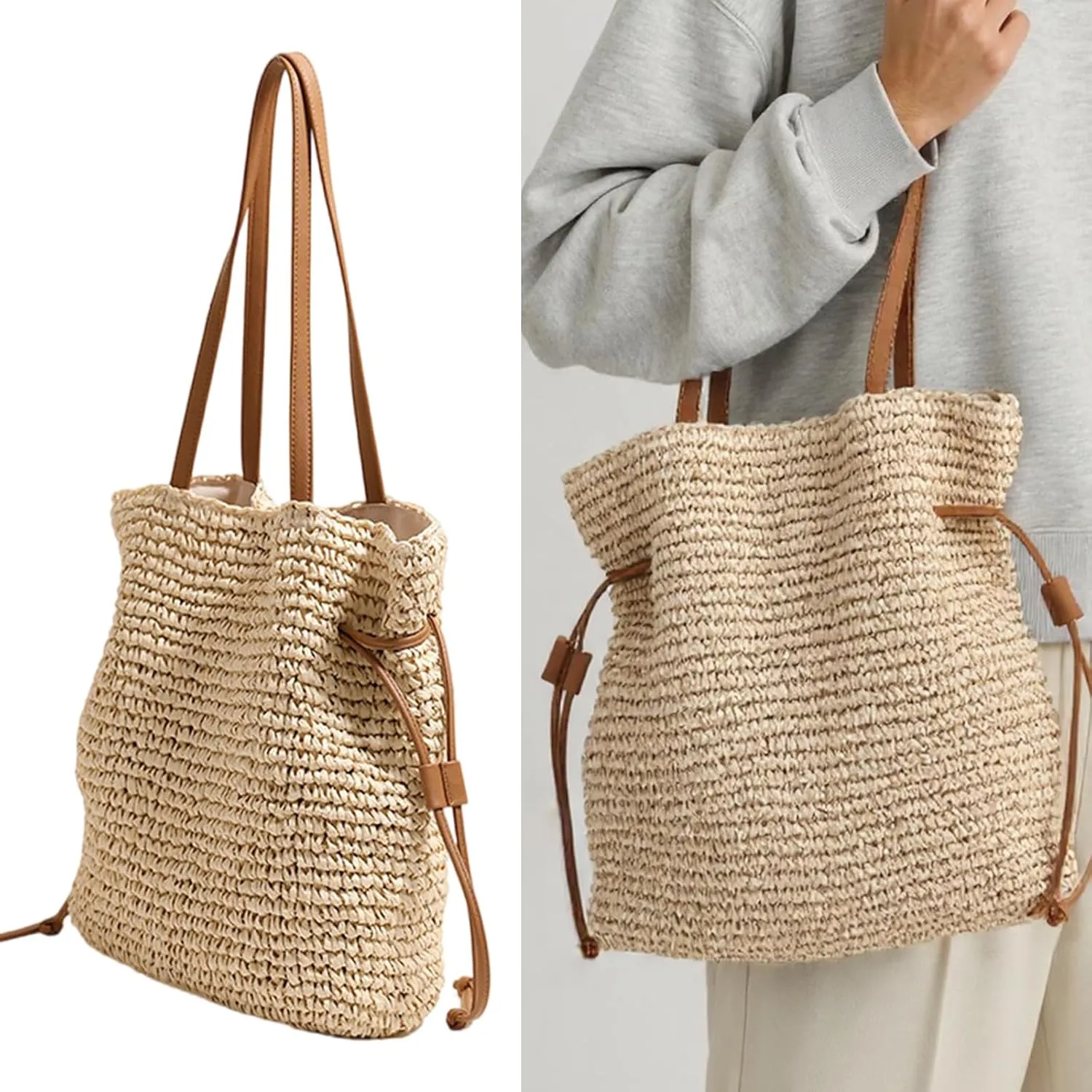 Large Capacity Cotton Woven Shoulder Bag for Women Drawstring Bucket Bags Straw Handbag with Comfortable Strap