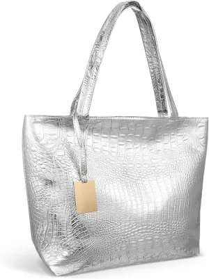 Large Capacity Silver Purse Women's Tote Bag Print Comfortable Handle for Shopping Travel Business