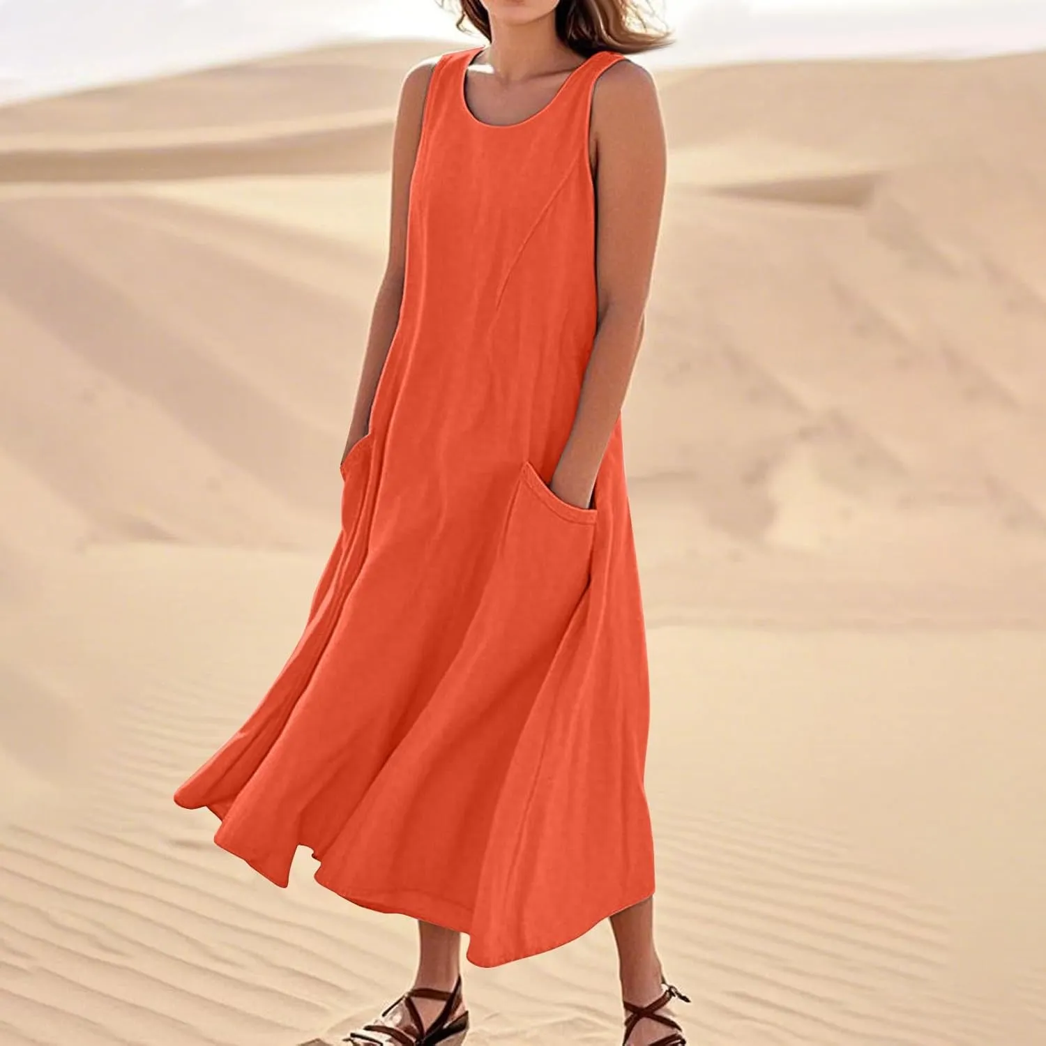 Linen Dress Women Causal Sleeveless U Neck Plus Size Summer Dresses Flowy Ruffle Hem Maxi T Shirt Dresses Midi Dress