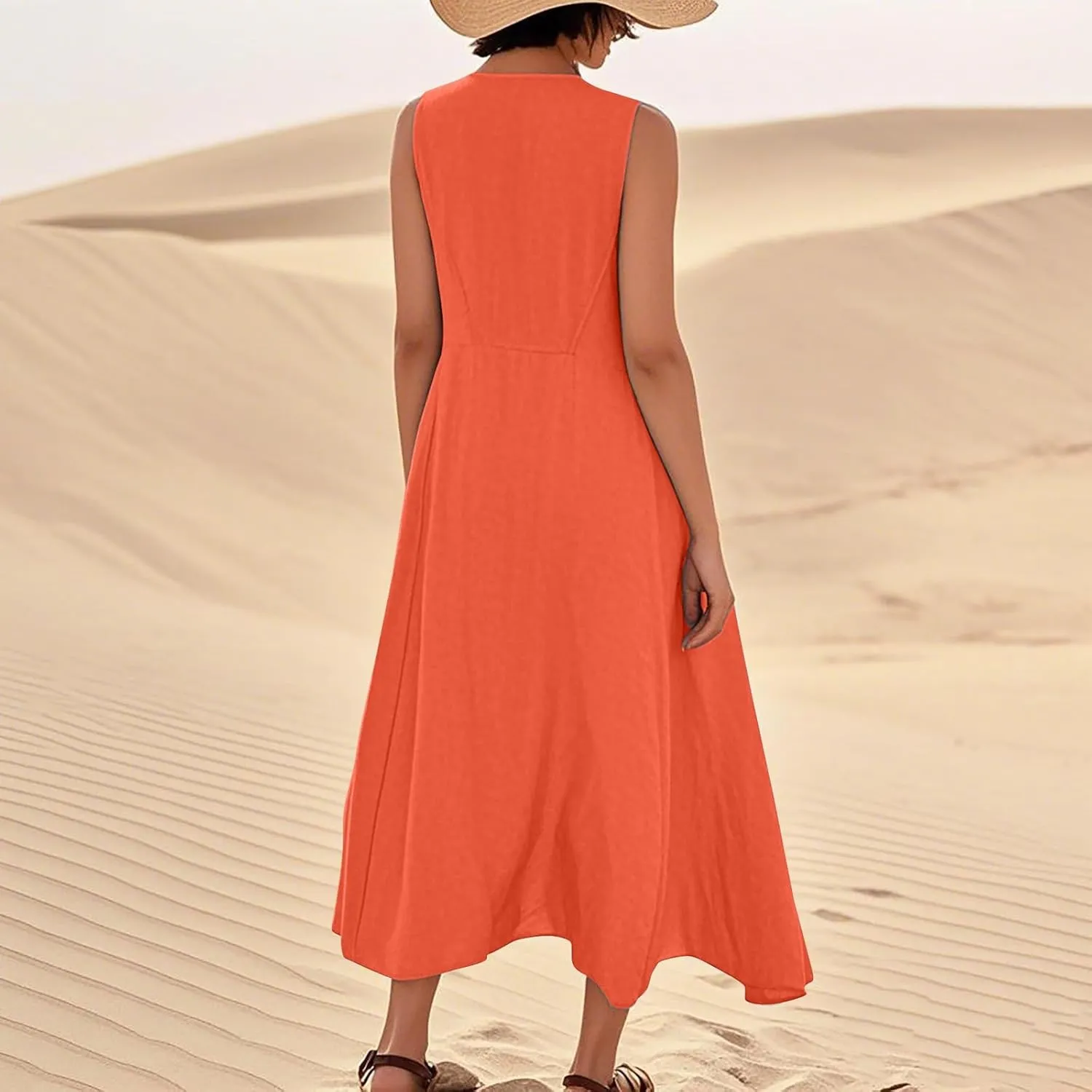 Linen Dress Women Causal Sleeveless U Neck Plus Size Summer Dresses Flowy Ruffle Hem Maxi T Shirt Dresses Midi Dress