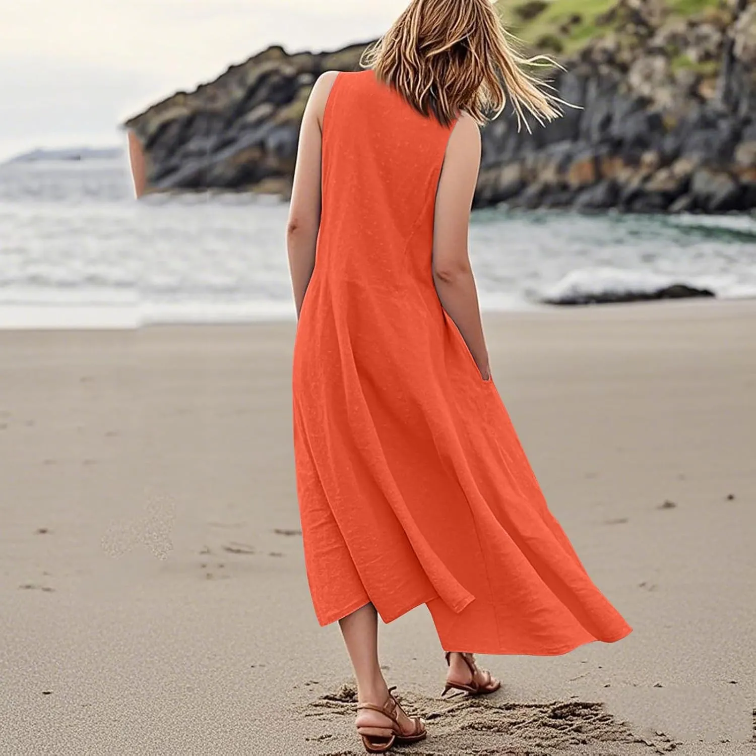Linen Dress Women Causal Sleeveless U Neck Plus Size Summer Dresses Flowy Ruffle Hem Maxi T Shirt Dresses Midi Dress