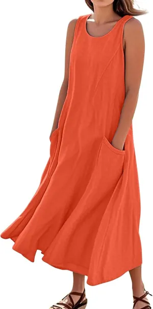 Linen Dress Women Causal Sleeveless U Neck Plus Size Summer Dresses Flowy Ruffle Hem Maxi T Shirt Dresses Midi Dress