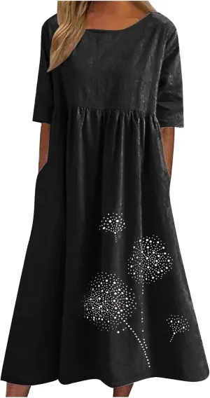 Linen Dresses for Women 2025 Half Sleeve Crewneck Printed Maxi Dress Casual Loose Plus Size Beach Dress with Pockets