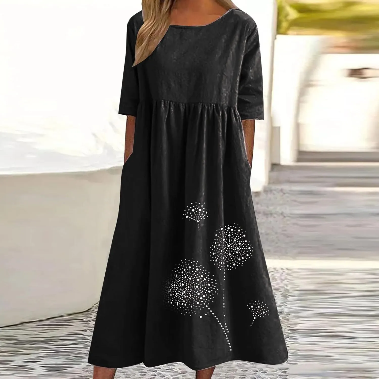Linen Dresses for Women 2025 Half Sleeve Crewneck Printed Maxi Dress Casual Loose Plus Size Beach Dress with Pockets