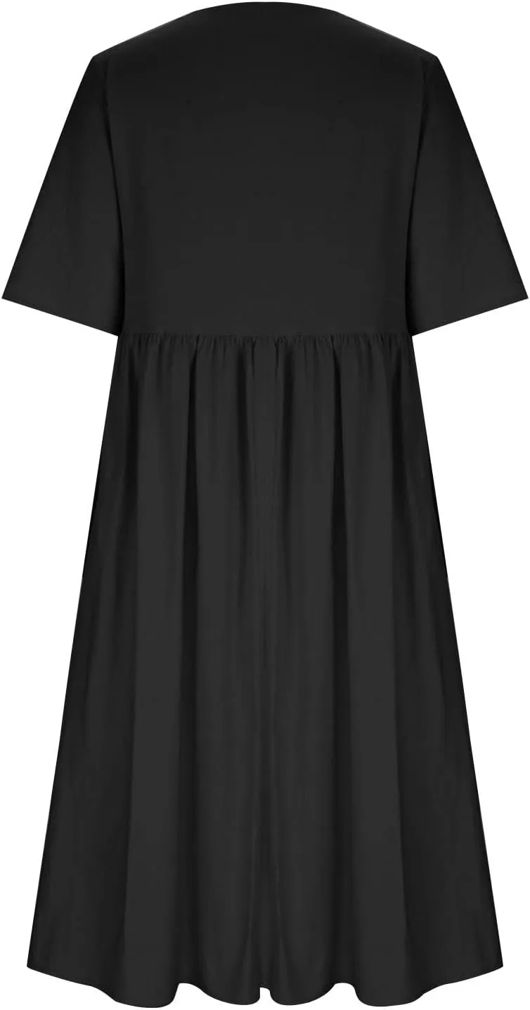 Linen Dresses for Women 2025 Half Sleeve Crewneck Printed Maxi Dress Casual Loose Plus Size Beach Dress with Pockets