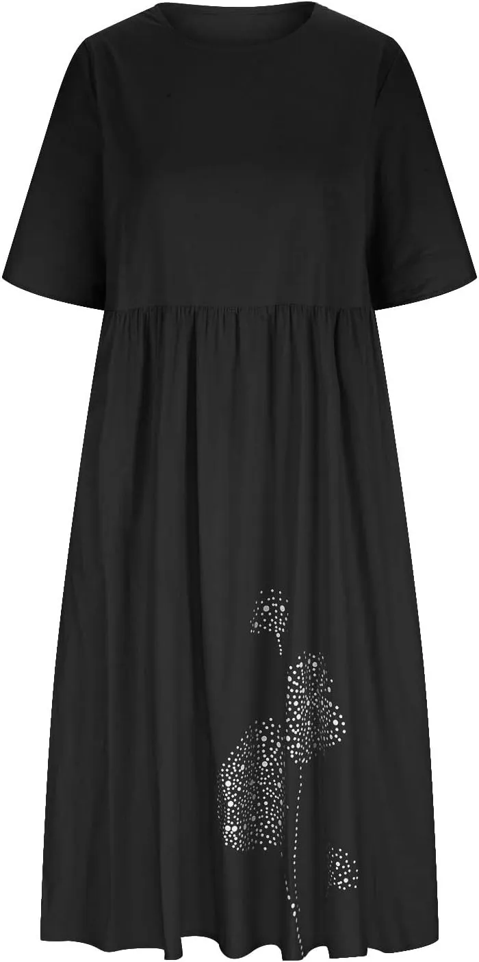 Linen Dresses for Women 2025 Half Sleeve Crewneck Printed Maxi Dress Casual Loose Plus Size Beach Dress with Pockets
