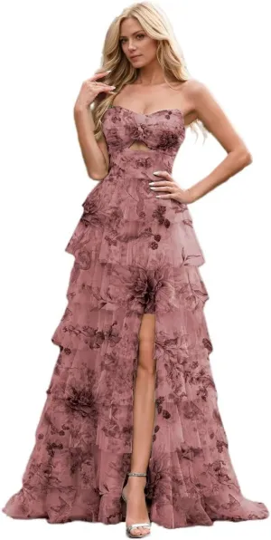 Long Floral Prom Dresses for Women 2025 Elegant Tube Evening Gown Layered Split Corset Party Dress with Flower Front