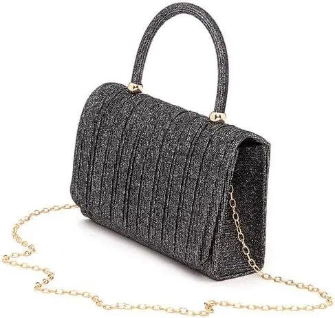 Lurex Pleated Top Handle Sparkly Handbag with Chain Evening Clutch Bag Luxury Womens Handbag Parties Weddings Dinners