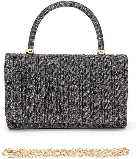 Lurex Pleated Top Handle Sparkly Handbag with Chain Evening Clutch Bag Luxury Womens Handbag Parties Weddings Dinners