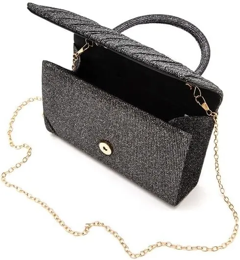 Lurex Pleated Top Handle Sparkly Handbag with Chain Evening Clutch Bag Luxury Womens Handbag Parties Weddings Dinners