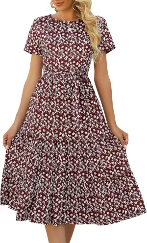 Lyrur Women's Dresses Casual Summer Tiered Midi Dress Short Sleeve Belted Ruffle Babydoll Boho Sundress with Pockets