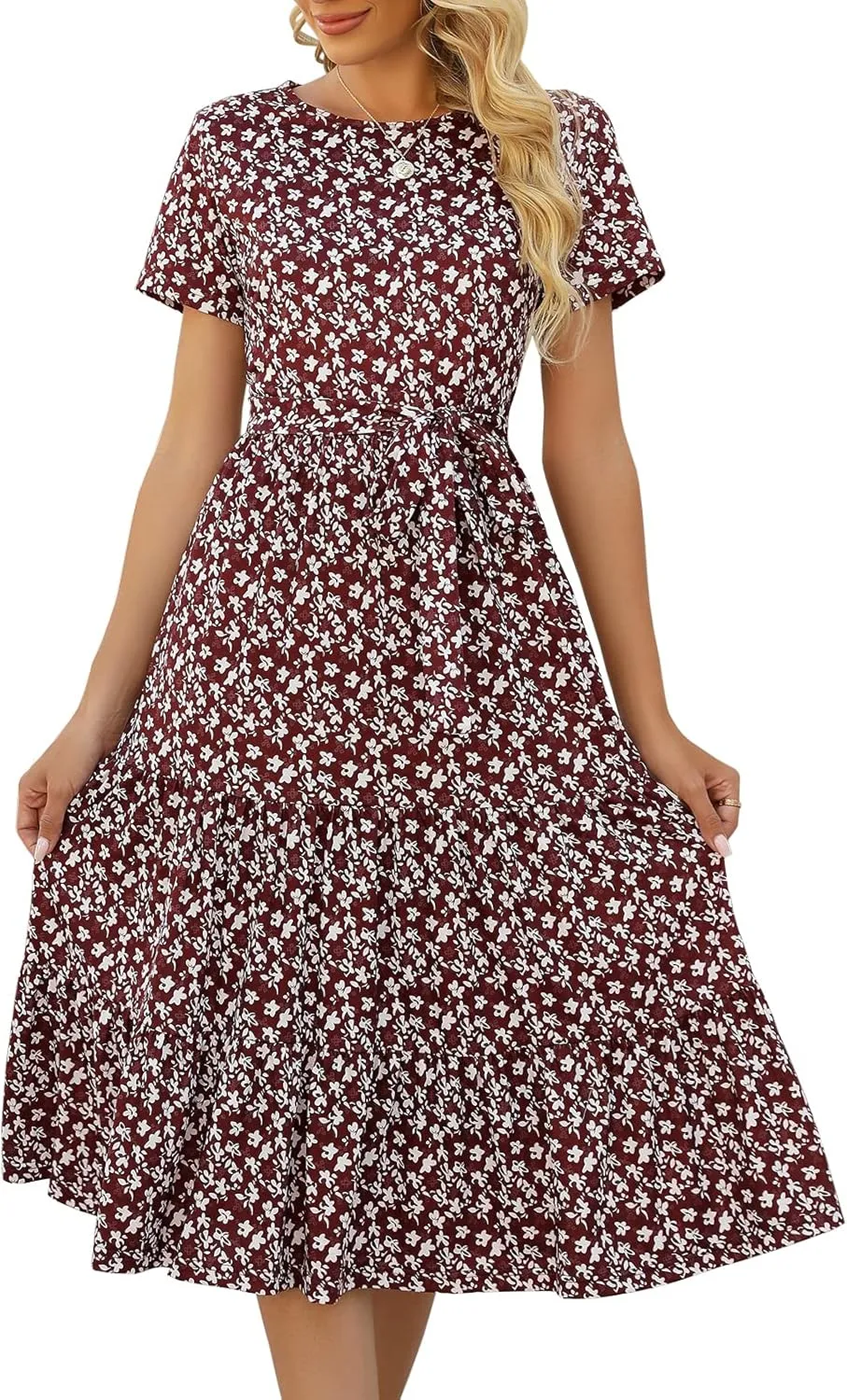 Lyrur Women's Dresses Casual Summer Tiered Midi Dress Short Sleeve Belted Ruffle Babydoll Boho Sundress with Pockets