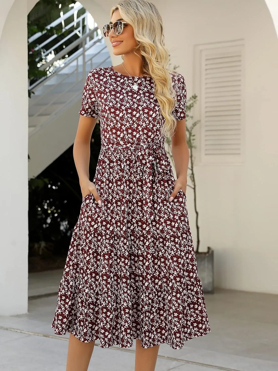 Lyrur Women's Dresses Casual Summer Tiered Midi Dress Short Sleeve Belted Ruffle Babydoll Boho Sundress with Pockets