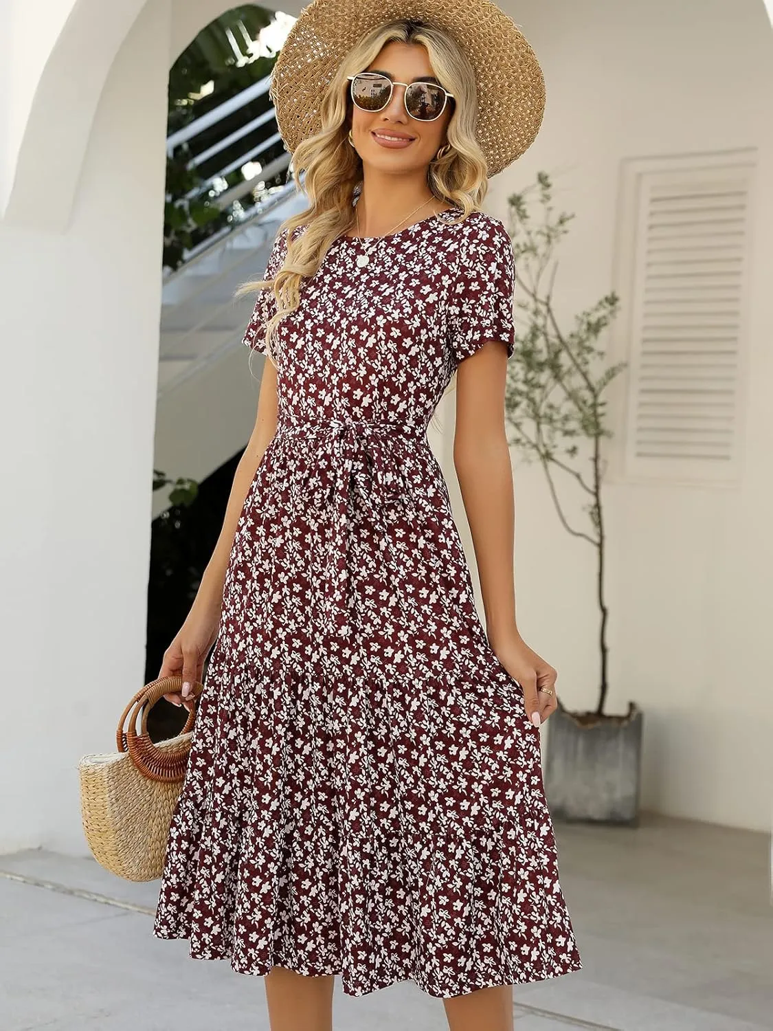 Lyrur Women's Dresses Casual Summer Tiered Midi Dress Short Sleeve Belted Ruffle Babydoll Boho Sundress with Pockets