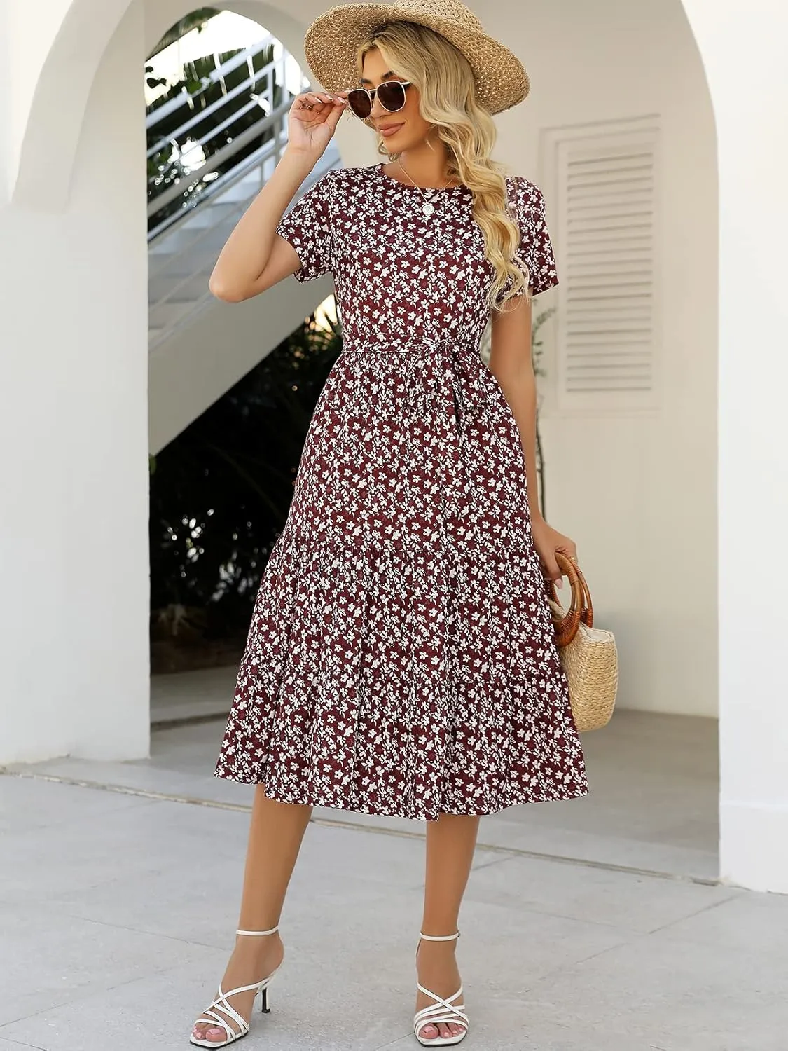 Lyrur Women's Dresses Casual Summer Tiered Midi Dress Short Sleeve Belted Ruffle Babydoll Boho Sundress with Pockets