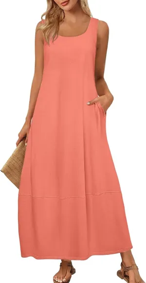 Maxi Dresses for Women 2025 Summer Beach Vacation Boho Dress Plus Size Sleeveless Crewneck Sundresses with Pockets
