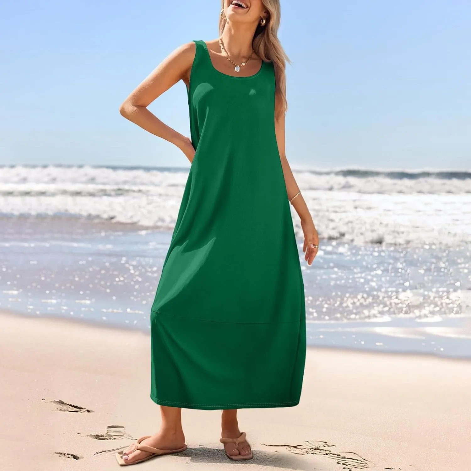 Maxi Dresses for Women 2025 Summer Beach Vacation Boho Dress Plus Size Sleeveless Crewneck Sundresses with Pockets
