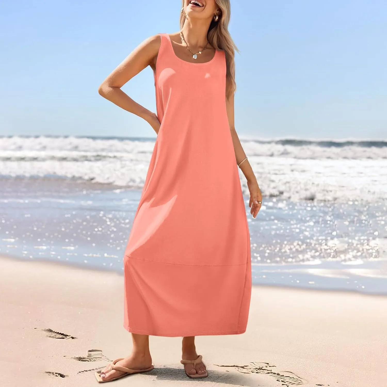 Maxi Dresses for Women 2025 Summer Beach Vacation Boho Dress Plus Size Sleeveless Crewneck Sundresses with Pockets