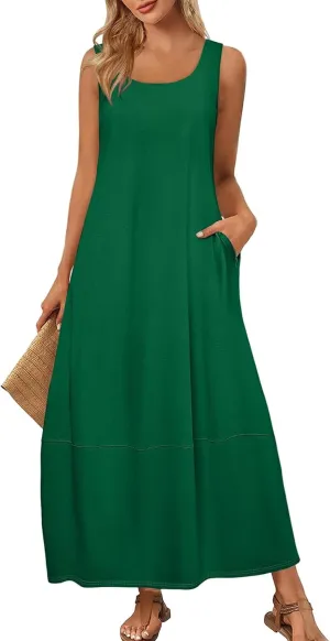 Maxi Dresses for Women 2025 Summer Beach Vacation Boho Dress Plus Size Sleeveless Crewneck Sundresses with Pockets