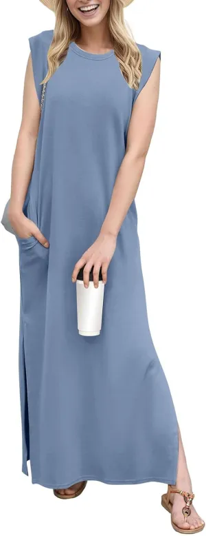 Maxi Dresses for Women 2025 Summer Short Sleeve Beach Sundresses Casual Crewneck Split Long Dress with Pocket