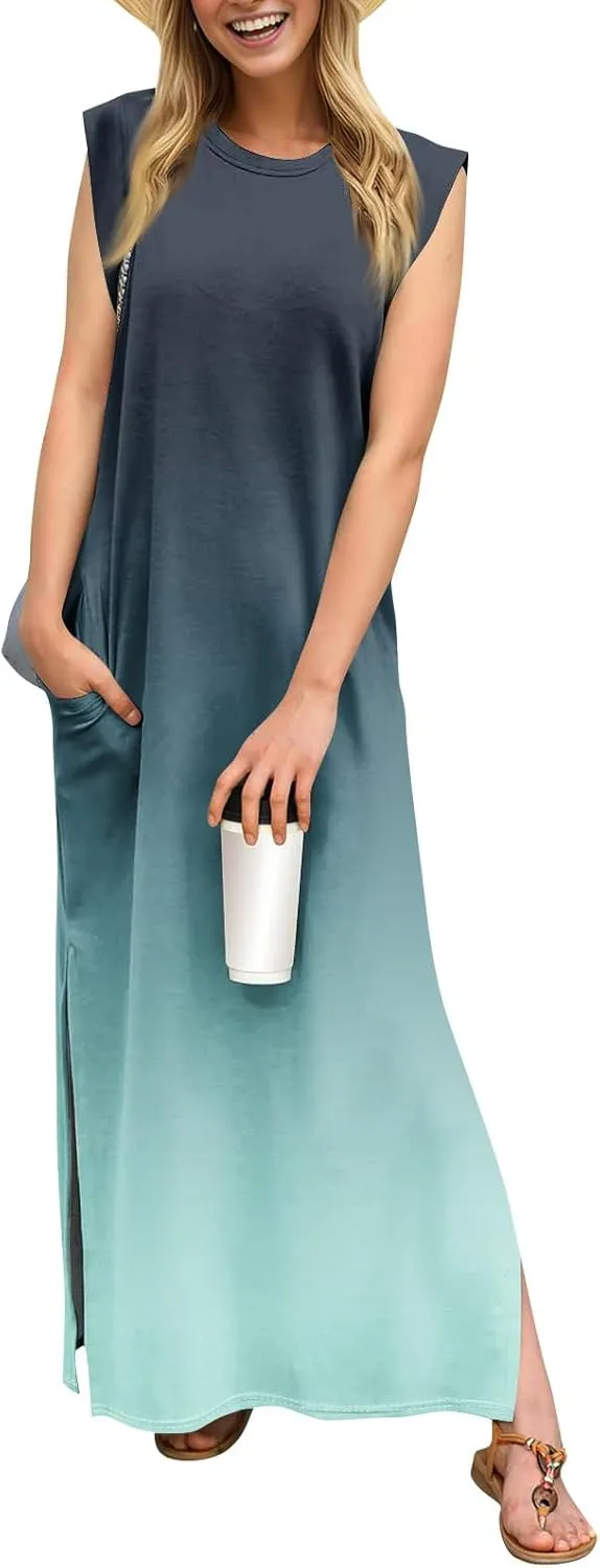 Maxi Dresses for Women 2025 Summer Short Sleeve Beach Sundresses Casual Crewneck Split Long Dress with Pocket