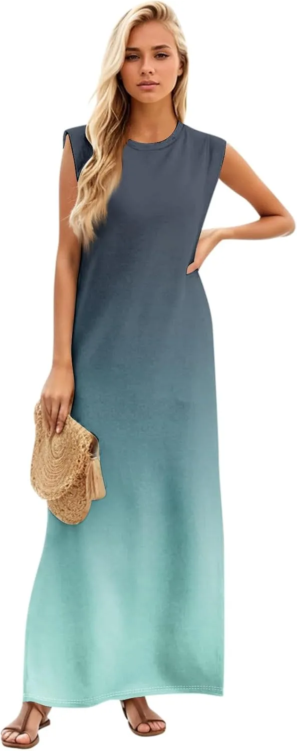 Maxi Dresses for Women 2025 Summer Short Sleeve Beach Sundresses Casual Crewneck Split Long Dress with Pocket